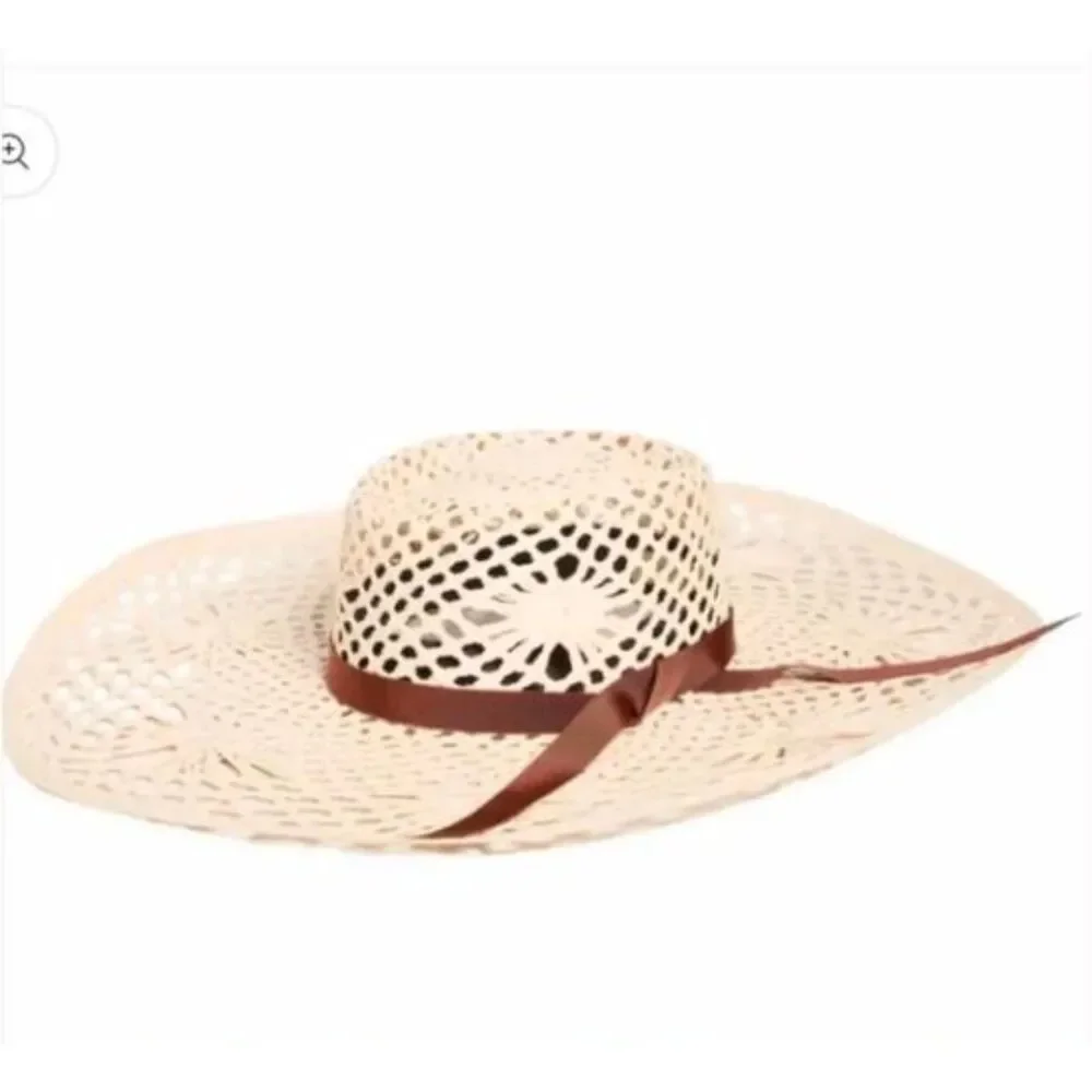 Veronica Beard Meringue Raffia Straw Wide Brim Sun Hat Natural S M NWT 298 - Picture 3 of 15
